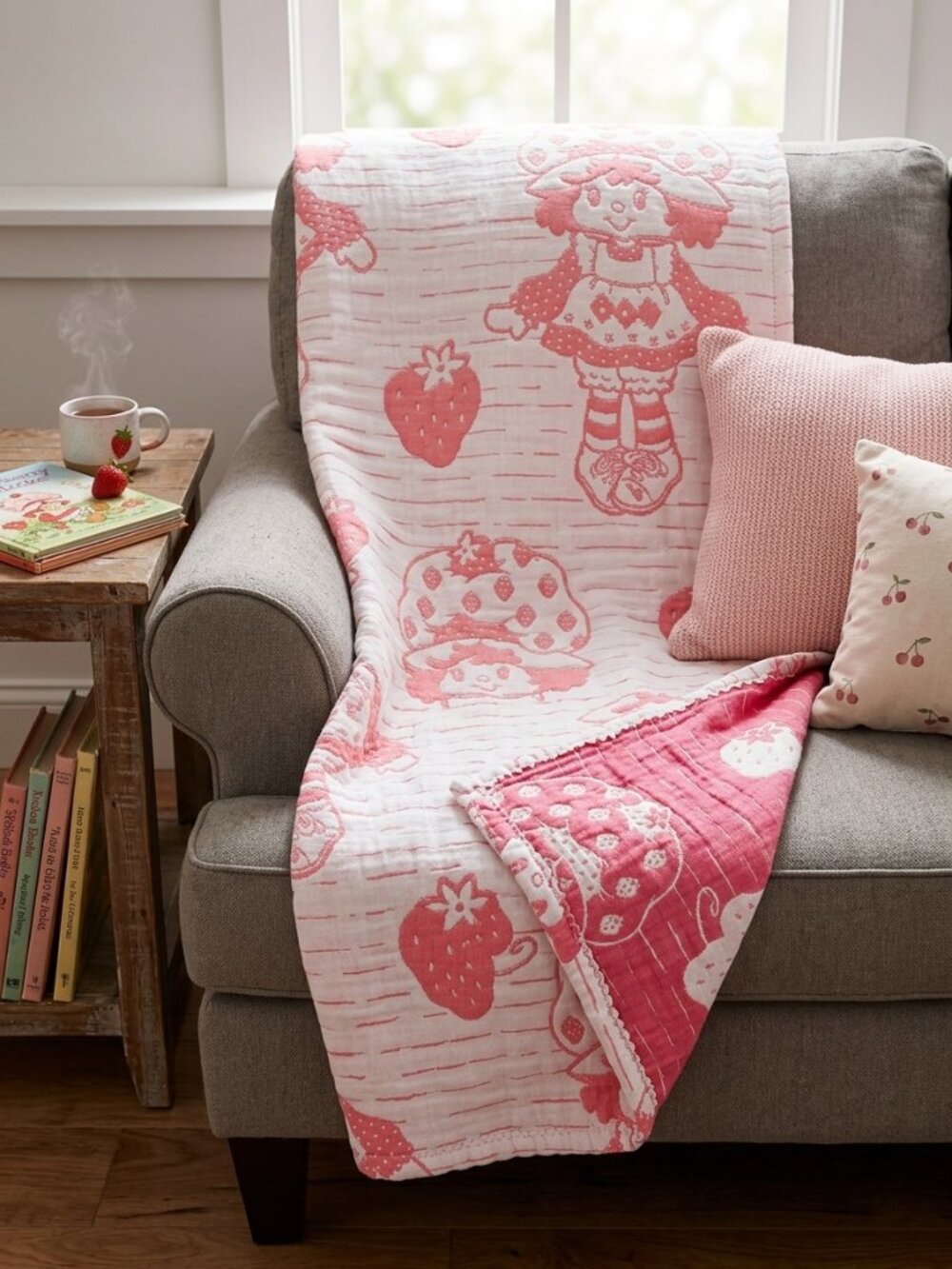 Strawberry Shortcake Pink Jacquard Woven Throw Blanket 50"x60" Reversible NWT